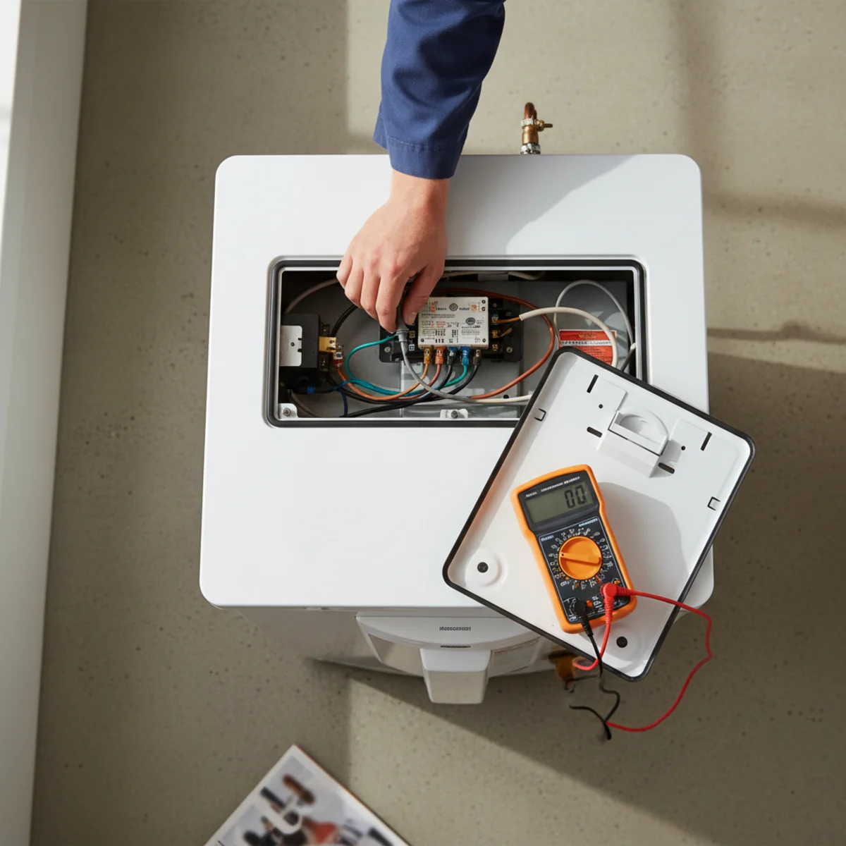 Technician testing an electric water heater element and reset button.