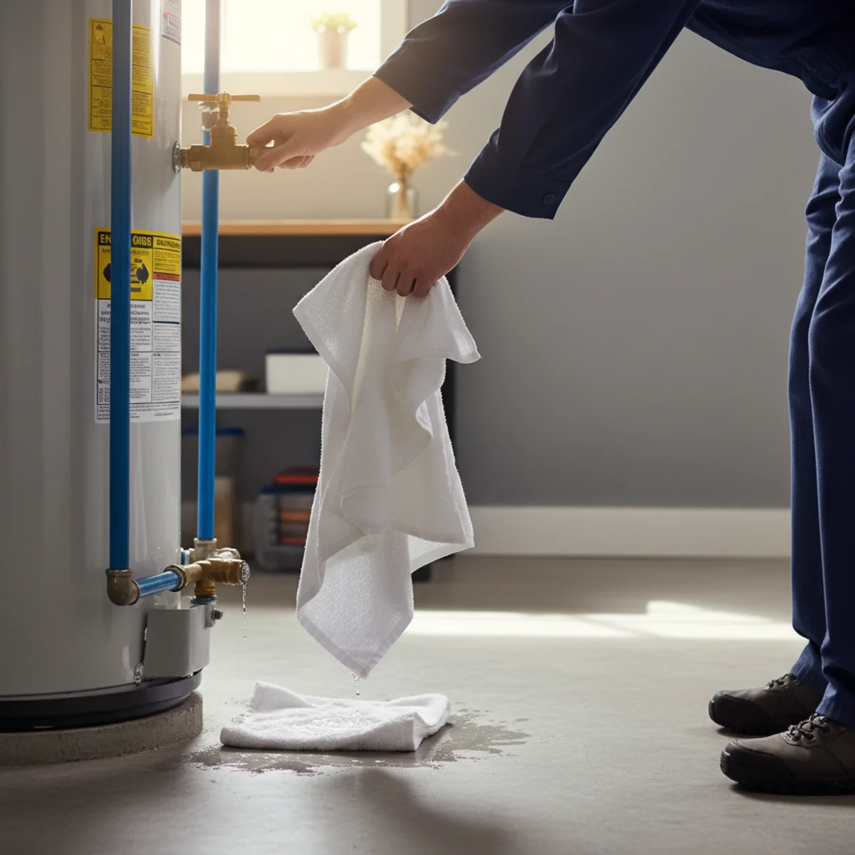 Hands shutting off the water valve at a leaking water heater.