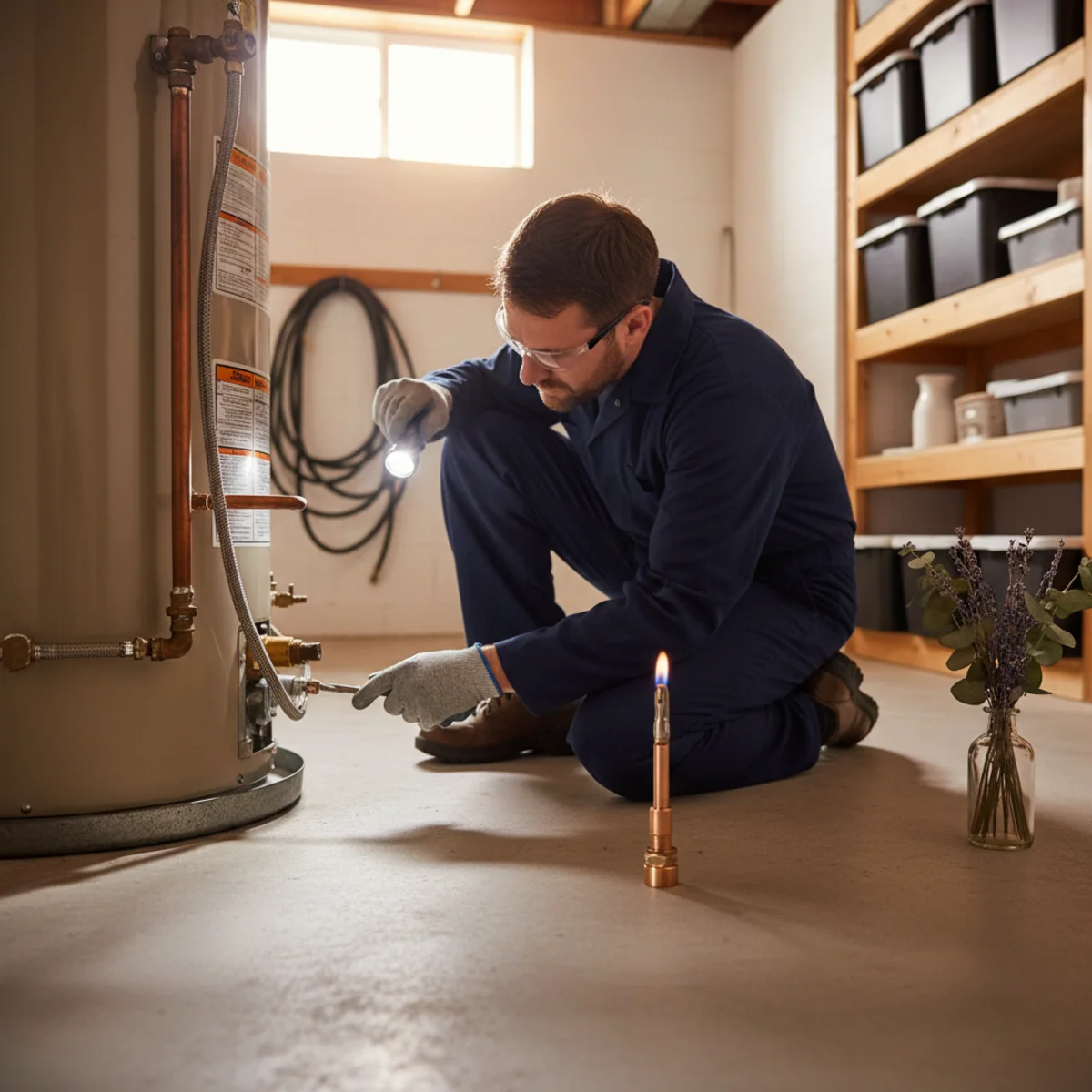 Plumber inspecting a gas water heater pilot and thermocouple.