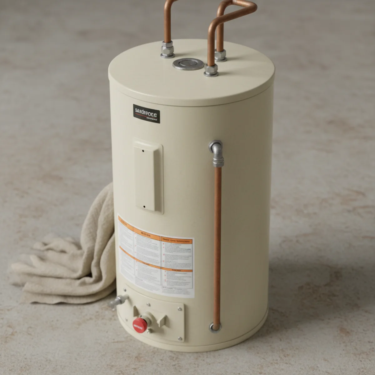 Aging residential water heater in a clean basement.