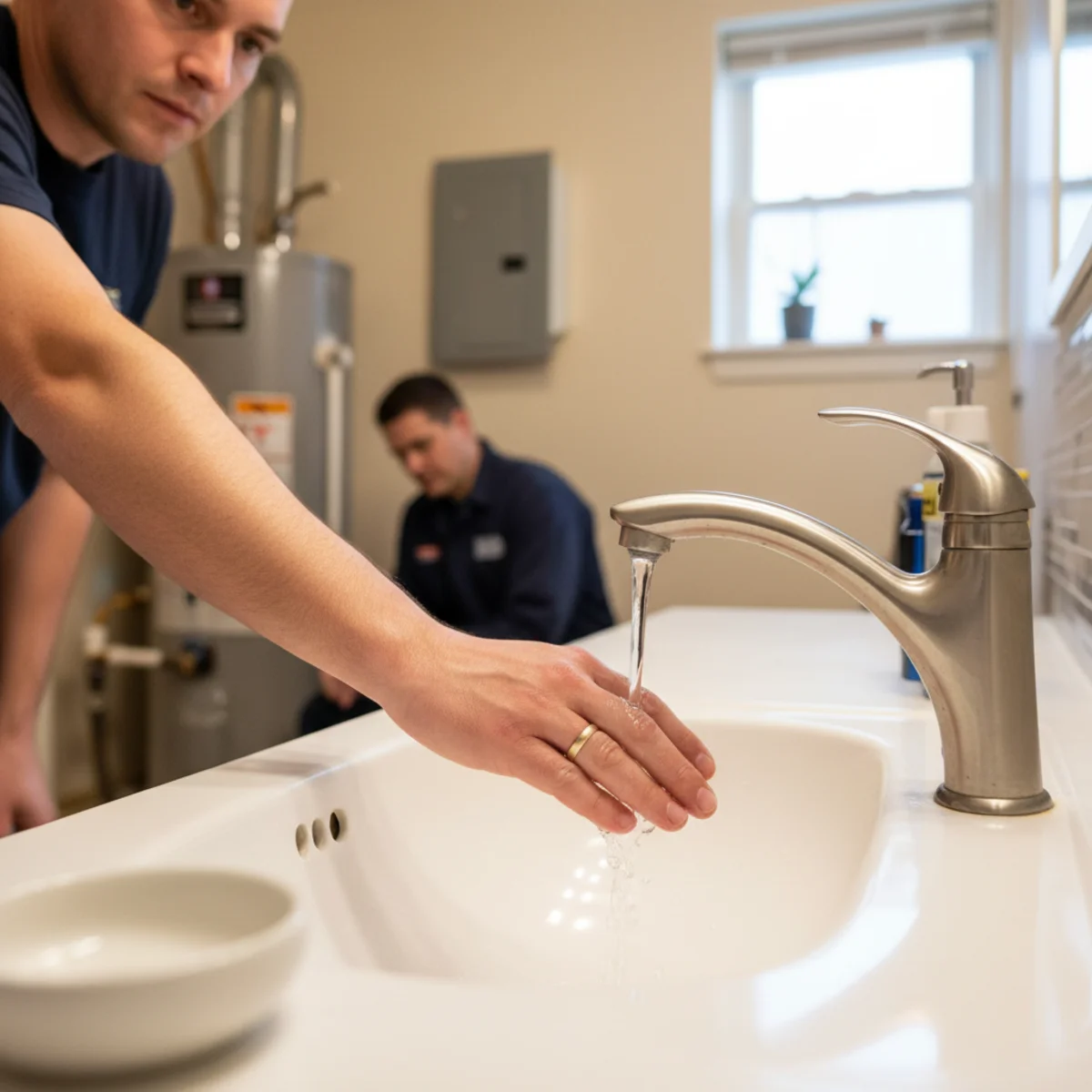 Homeowner checking a water heater during troubleshooting.