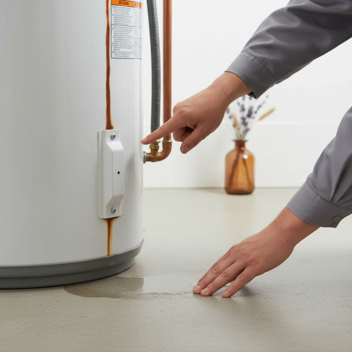 Homeowner noticing a problem at an aging water heater.