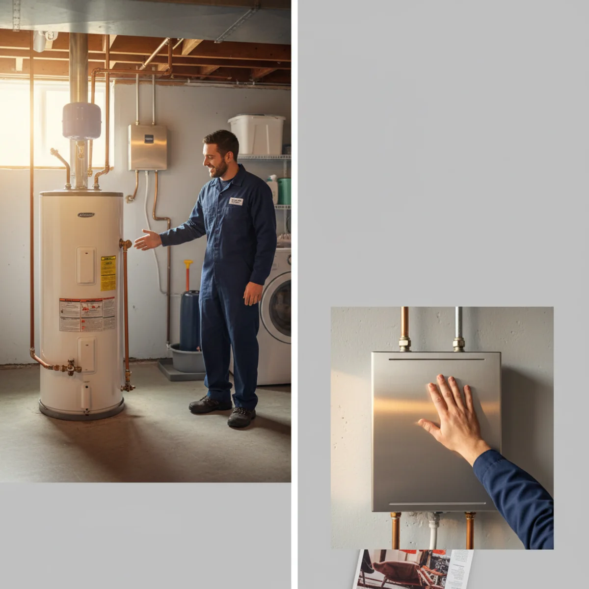 A tank water heater and a tankless unit side by side.