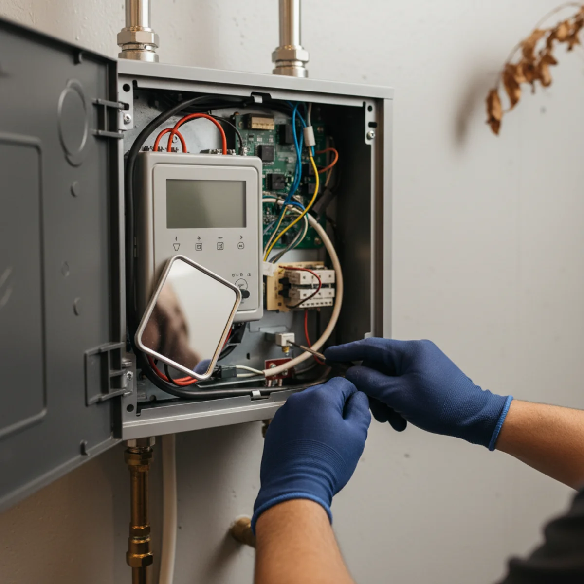 Plumber reading a tankless water heater's display and panel.
