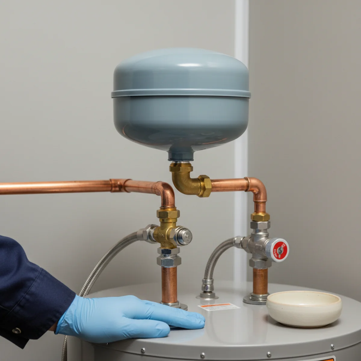 Close view of a thermal expansion tank on the water heater line.