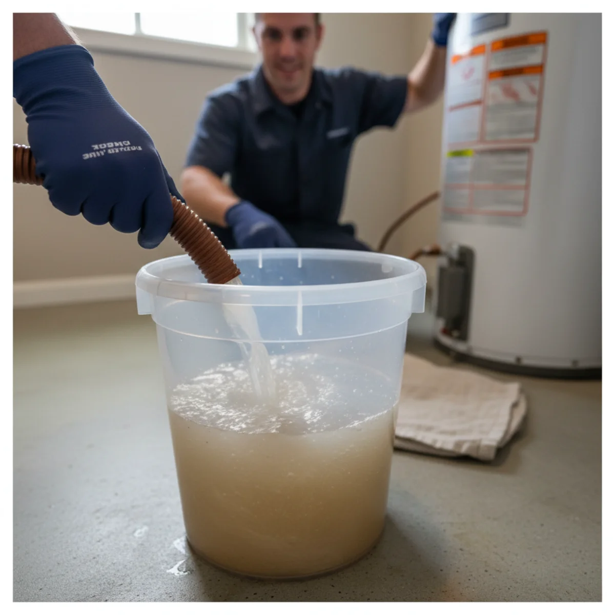 Sediment flushing out of a water heater drain hose.
