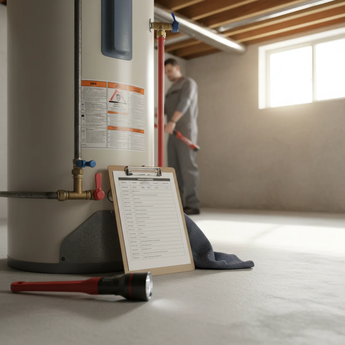 Maintenance checklist clipboard in front of a water heater.