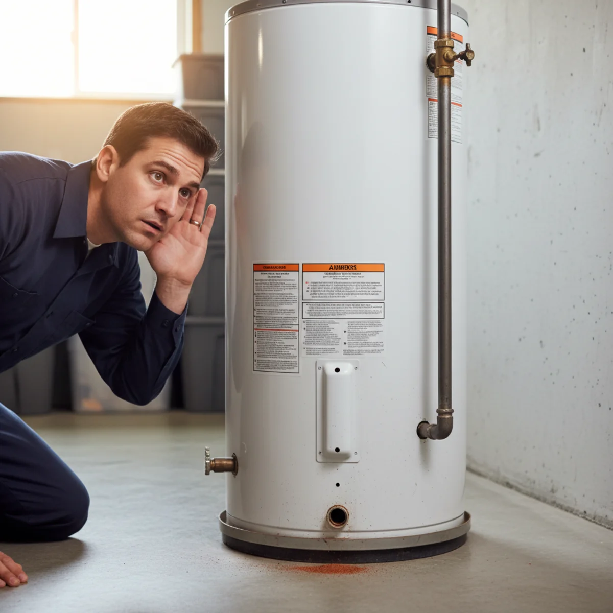 Homeowner listening to a noisy sediment-filled water heater.