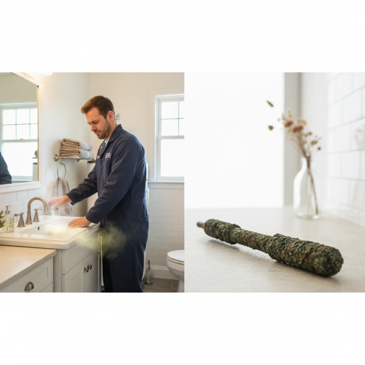 Homeowner reacting to a sulfur smell from hot water at the sink.