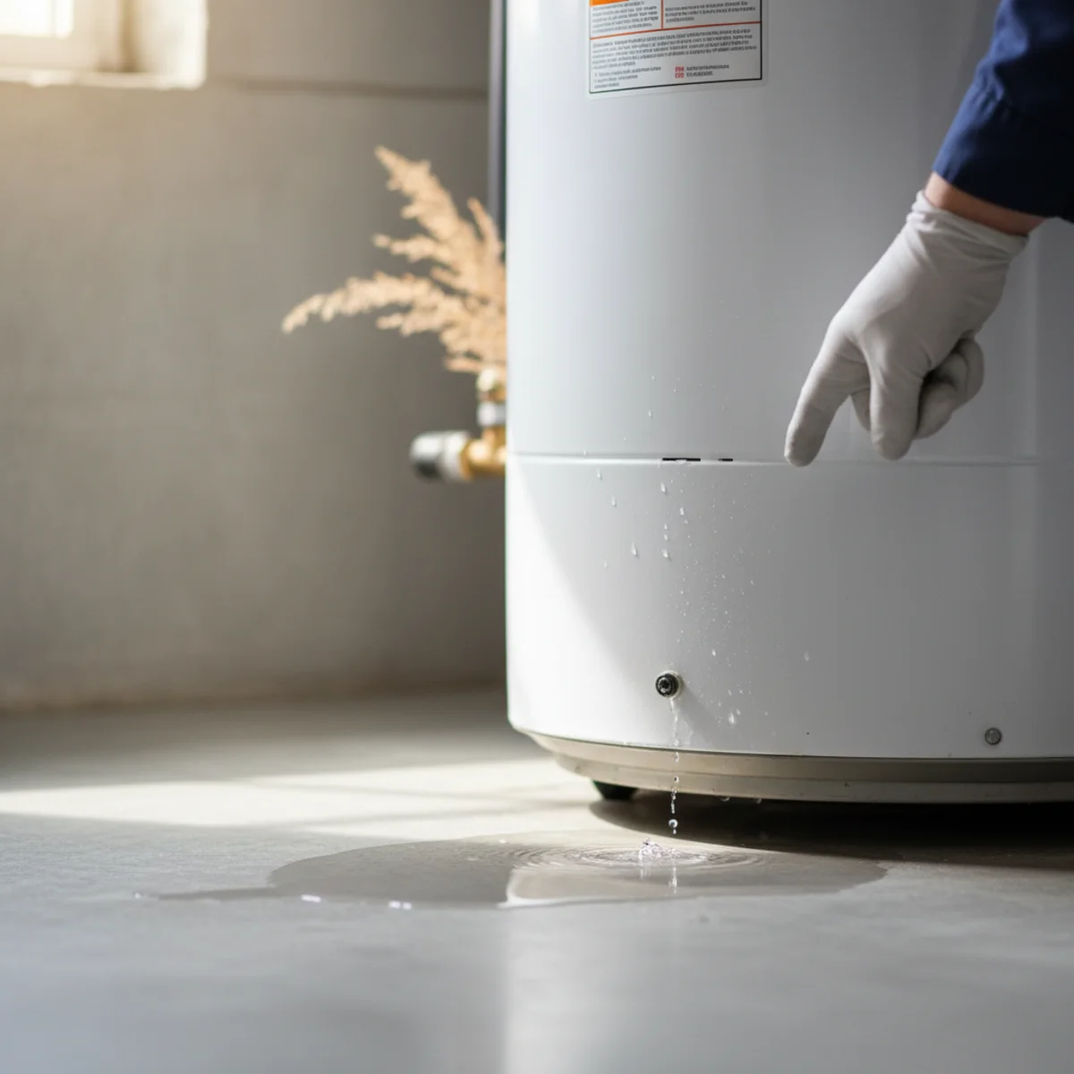 Small water leak pooling at the base of a water heater.