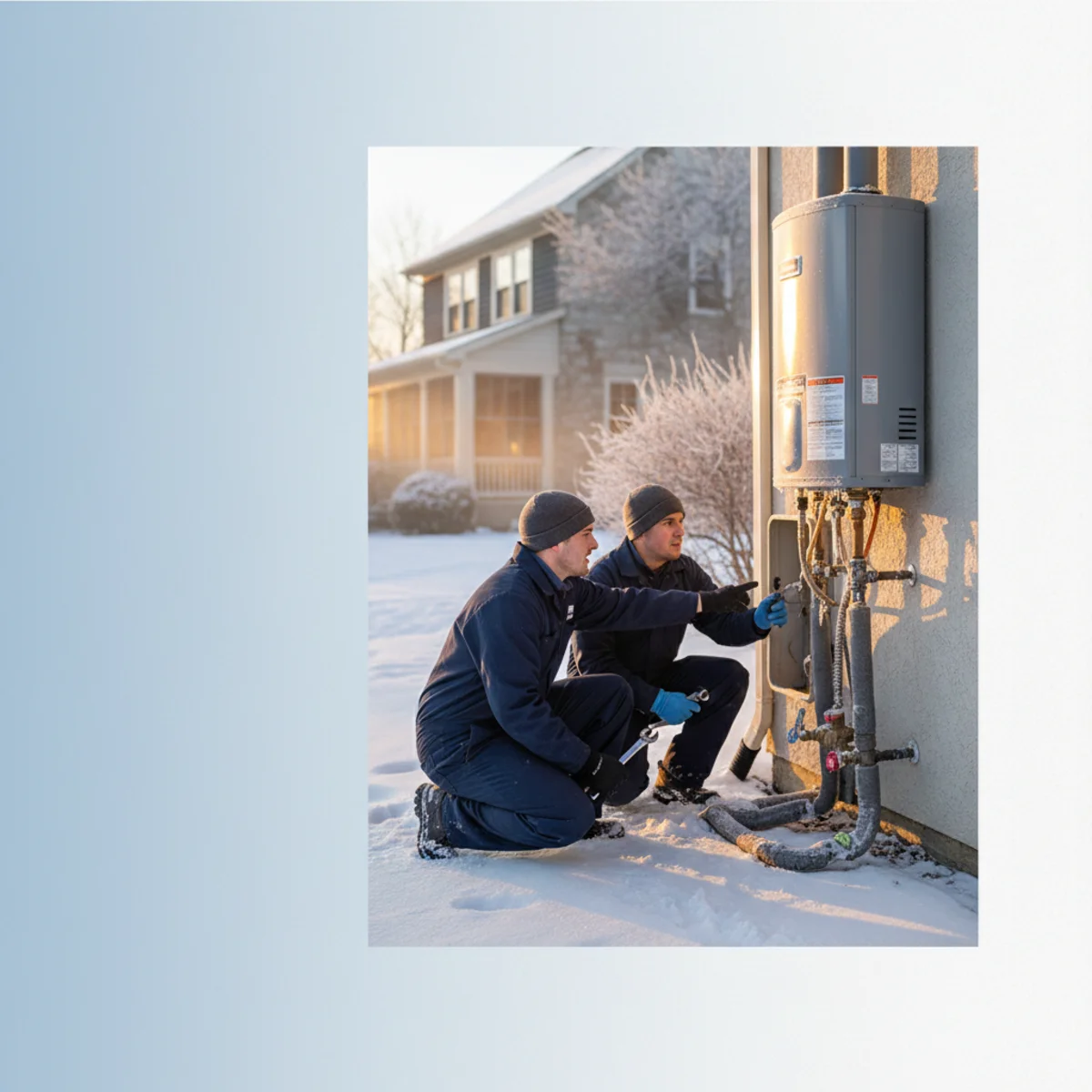 Frosty Pennsylvania home exterior in winter with a basement water heater.