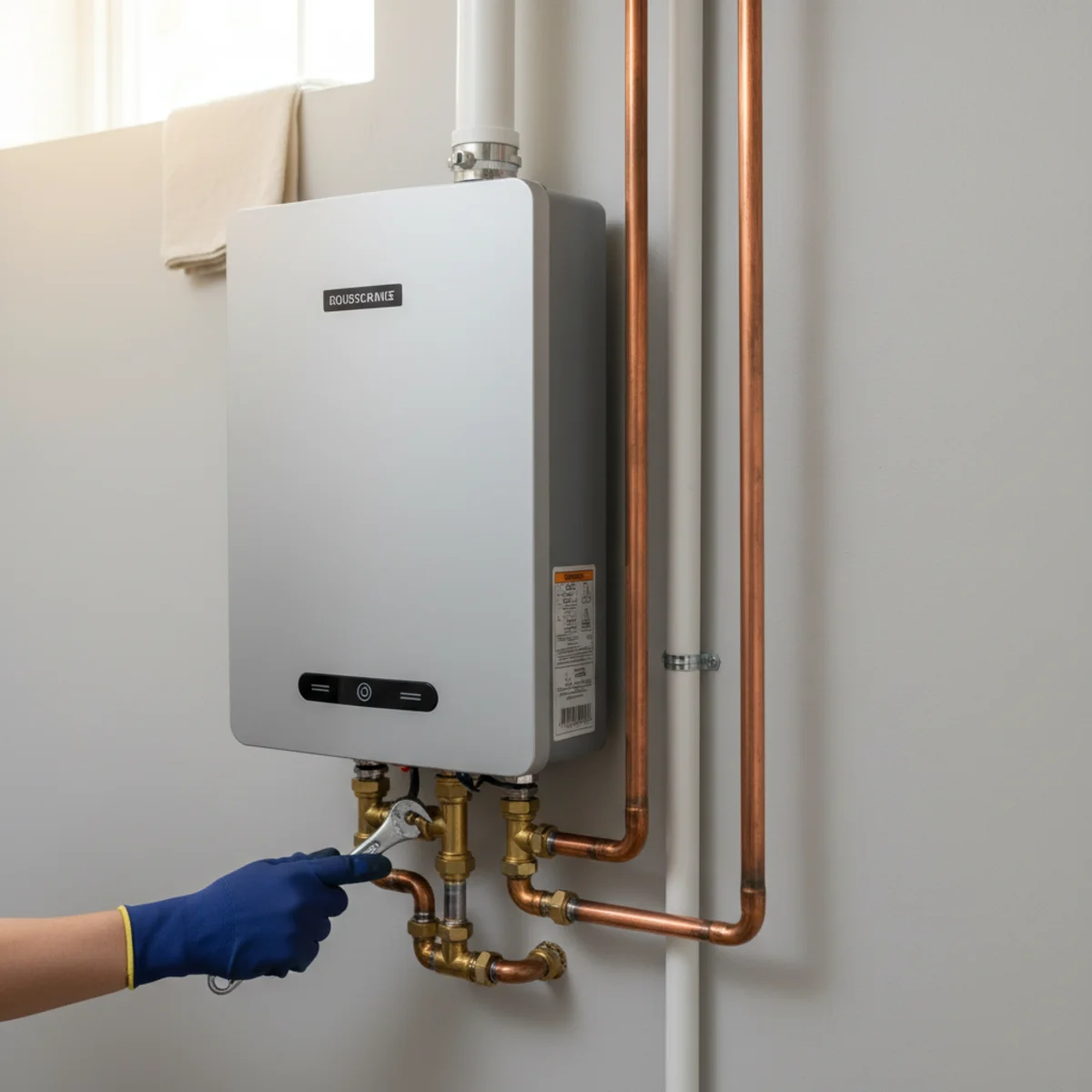 Modern wall-mounted tankless water heater installed with clean piping in a Lebanon home.